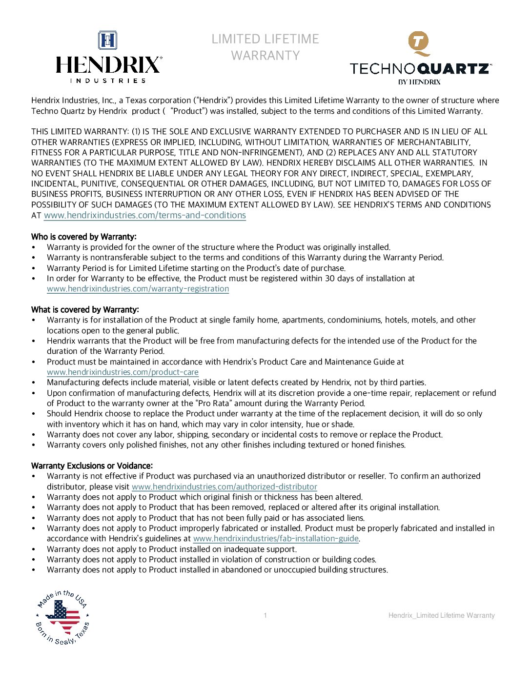 Hendrix Limited Lifetime Warranty