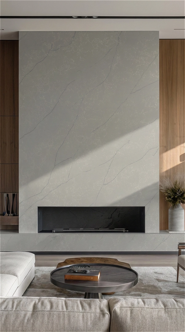 Sovereign Mountain Fireplace White Dove Origins Collection TechnoQuartz Slab Made in the USA Tariff Free